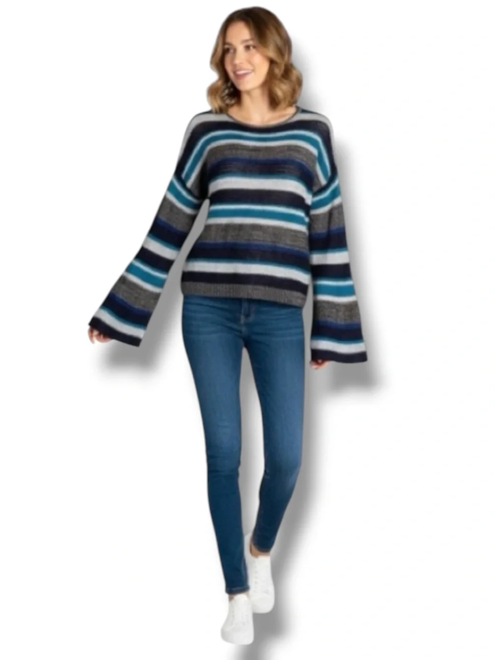 Alley & Gabby 212NY Y2K Vintage Sweater Blue Striped Cropped Bell Sleeves Size L
